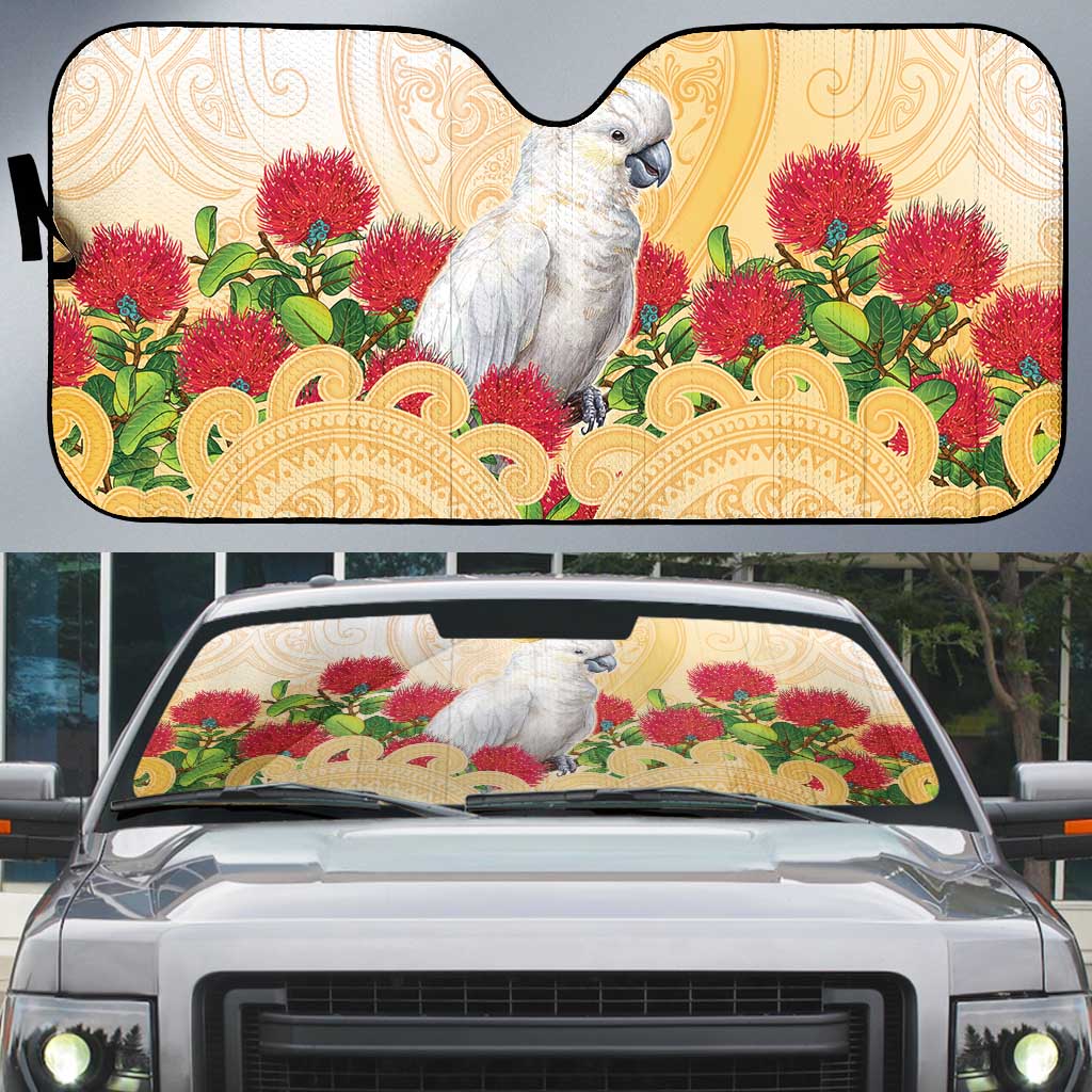 New Zealand Aotearoa Cockatoo Auto Sun Shade Maori Pattern With Pohutukawa Flowers