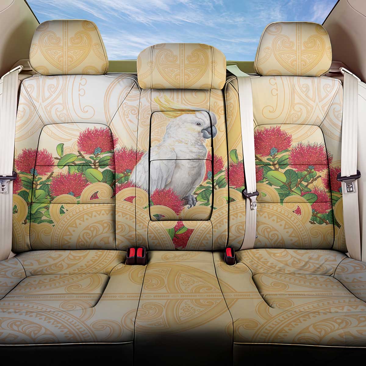 New Zealand Aotearoa Cockatoo Back Car Seat Cover Maori Pattern With Pohutukawa Flowers LT05 One Size Beige - Polynesian Pride