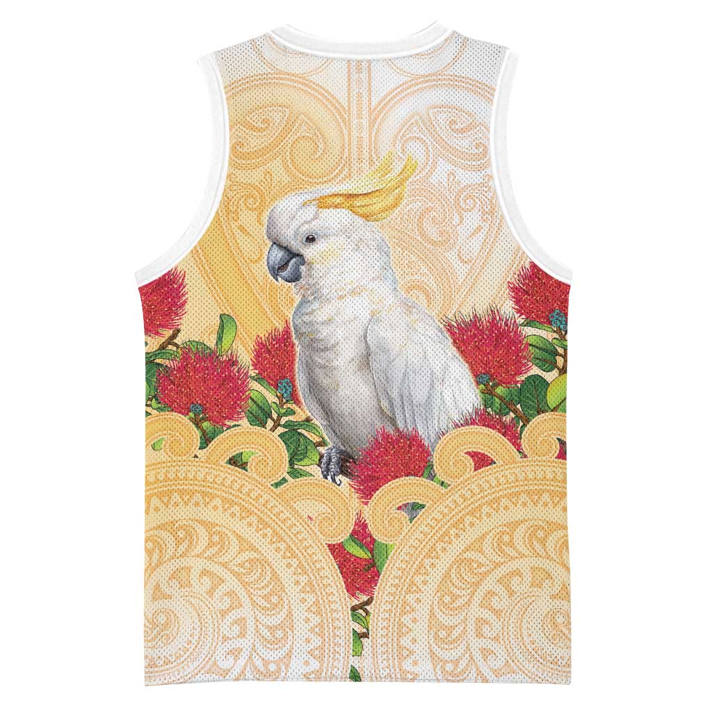 New Zealand Aotearoa Cockatoo Basketball Jersey Maori Pattern With Pohutukawa Flowers LT05 - Polynesian Pride