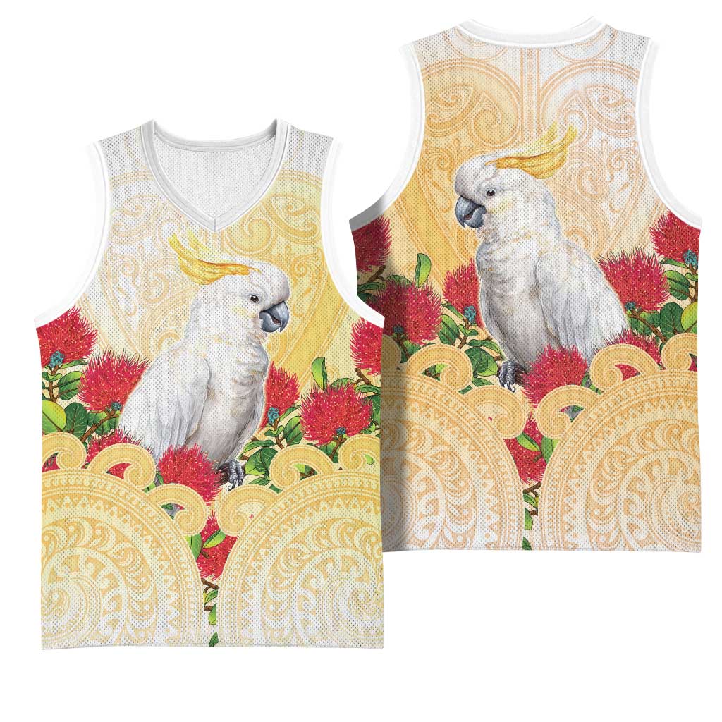 New Zealand Aotearoa Cockatoo Basketball Jersey Maori Pattern With Pohutukawa Flowers LT05 - Polynesian Pride