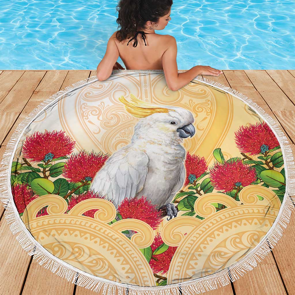 New Zealand Aotearoa Cockatoo Beach Blanket Maori Pattern With Pohutukawa Flowers