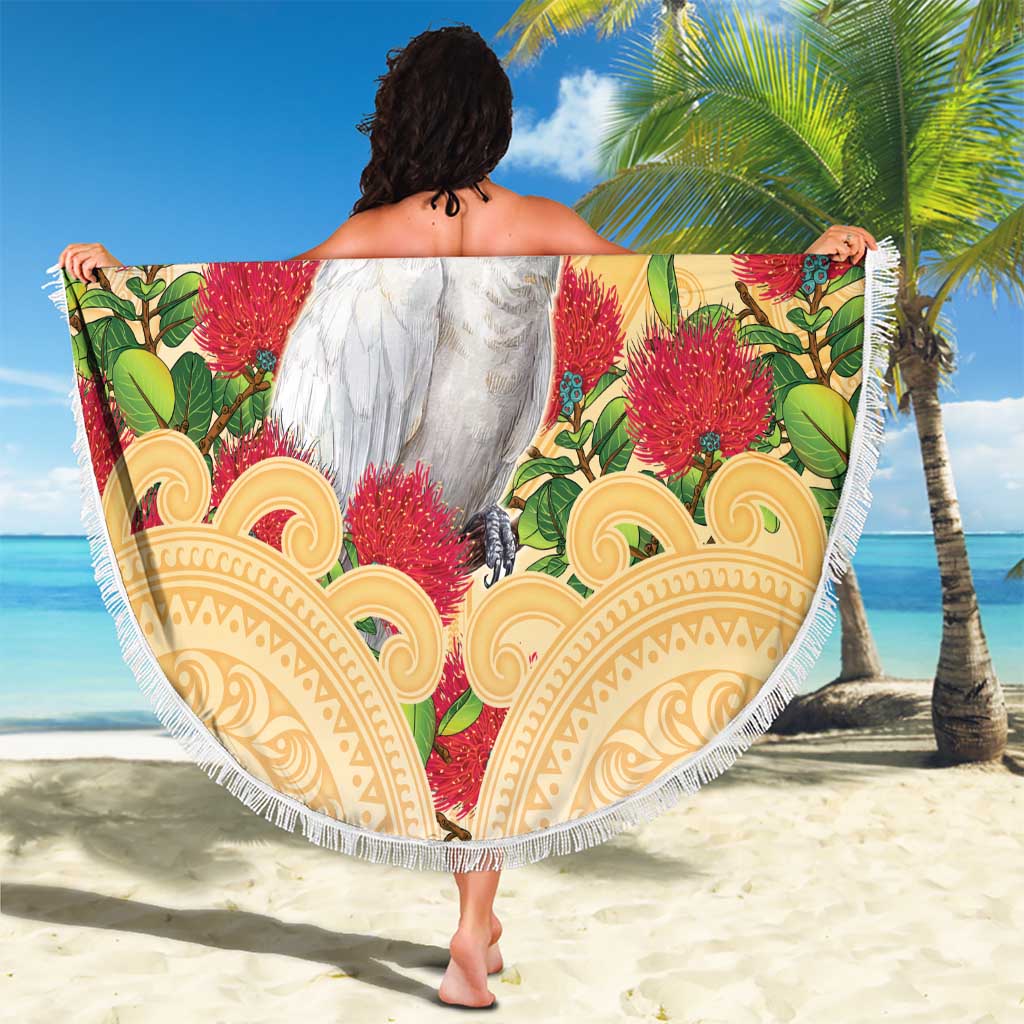 New Zealand Aotearoa Cockatoo Beach Blanket Maori Pattern With Pohutukawa Flowers