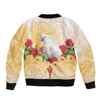 New Zealand Aotearoa Cockatoo Bomber Jacket Maori Pattern With Pohutukawa Flowers