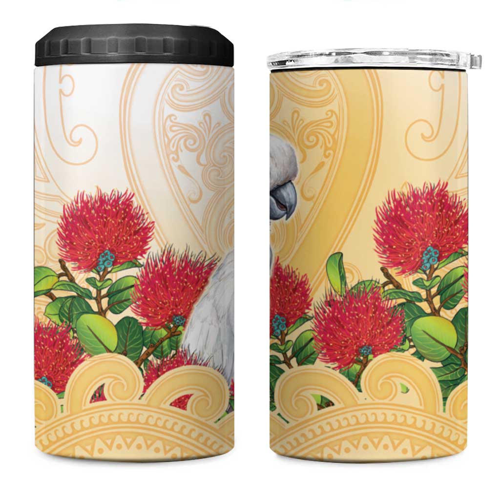 New Zealand Aotearoa Cockatoo 4 in 1 Can Cooler Tumbler Maori Pattern With Pohutukawa Flowers LT05 One Size: 16 oz Beige - Polynesian Pride