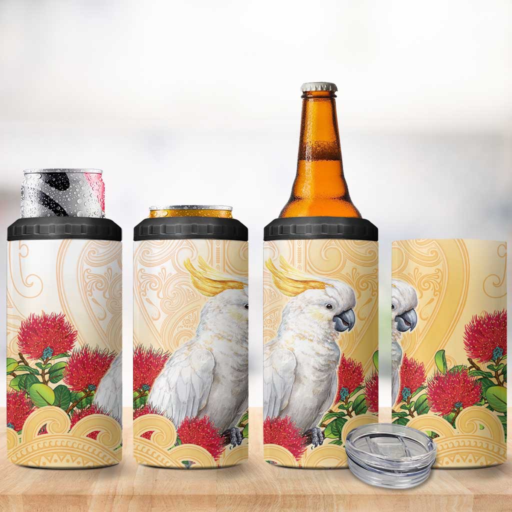 New Zealand Aotearoa Cockatoo 4 in 1 Can Cooler Tumbler Maori Pattern With Pohutukawa Flowers LT05 - Polynesian Pride