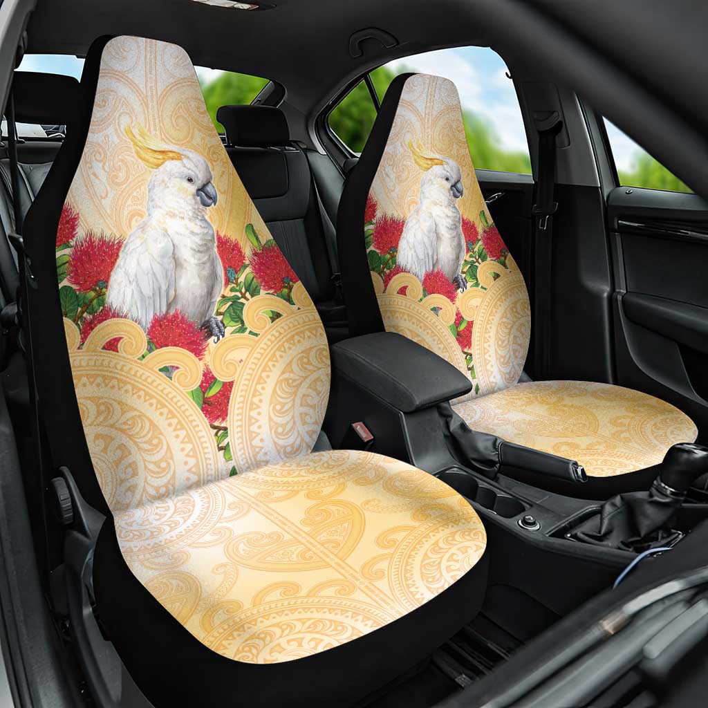 New Zealand Aotearoa Cockatoo Car Seat Cover Maori Pattern With Pohutukawa Flowers LT05 One Size Beige - Polynesian Pride