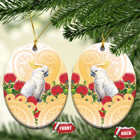 New Zealand Aotearoa Cockatoo Ceramic Ornament Maori Pattern With Pohutukawa Flowers LT05 Oval Beige - Polynesian Pride