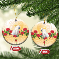 New Zealand Aotearoa Cockatoo Ceramic Ornament Maori Pattern With Pohutukawa Flowers LT05 Circle Beige - Polynesian Pride