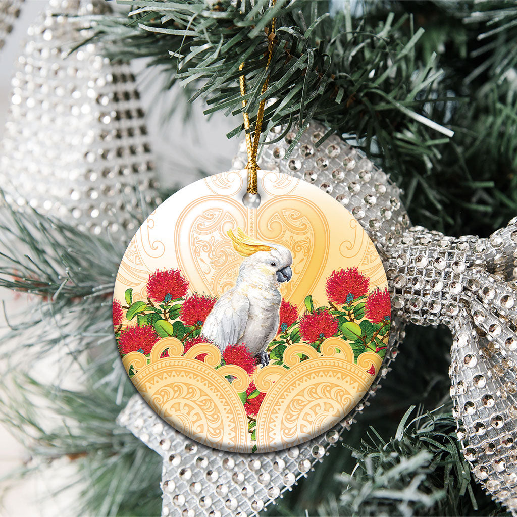 New Zealand Aotearoa Cockatoo Ceramic Ornament Maori Pattern With Pohutukawa Flowers LT05 - Polynesian Pride