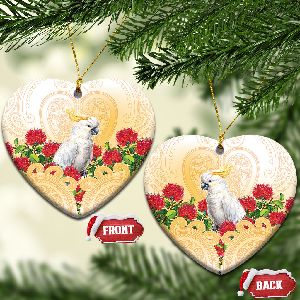 New Zealand Aotearoa Cockatoo Ceramic Ornament Maori Pattern With Pohutukawa Flowers LT05 Heart Beige - Polynesian Pride