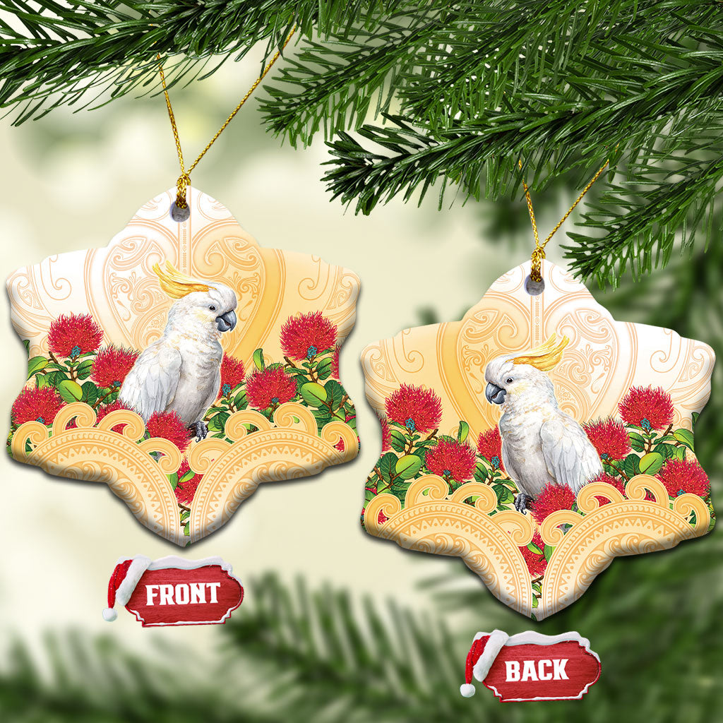 New Zealand Aotearoa Cockatoo Ceramic Ornament Maori Pattern With Pohutukawa Flowers LT05 Snow Flake Beige - Polynesian Pride