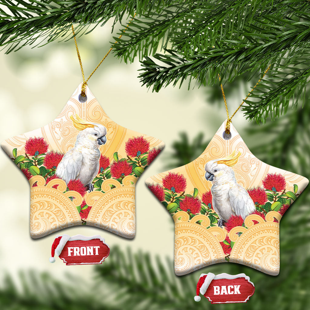 New Zealand Aotearoa Cockatoo Ceramic Ornament Maori Pattern With Pohutukawa Flowers LT05 Star Beige - Polynesian Pride