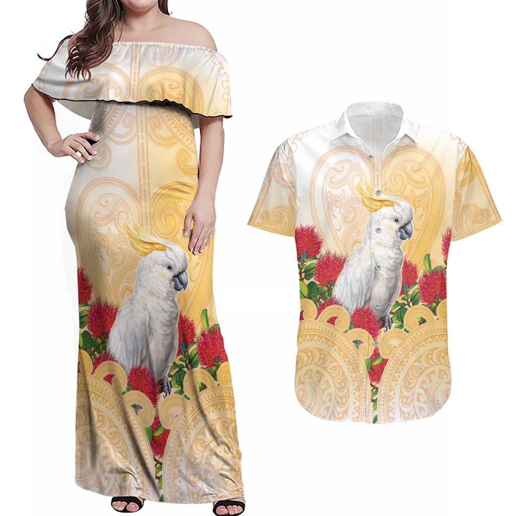 New Zealand Aotearoa Cockatoo Couples Matching Off Shoulder Maxi Dress and Hawaiian Shirt Maori Pattern With Pohutukawa Flowers