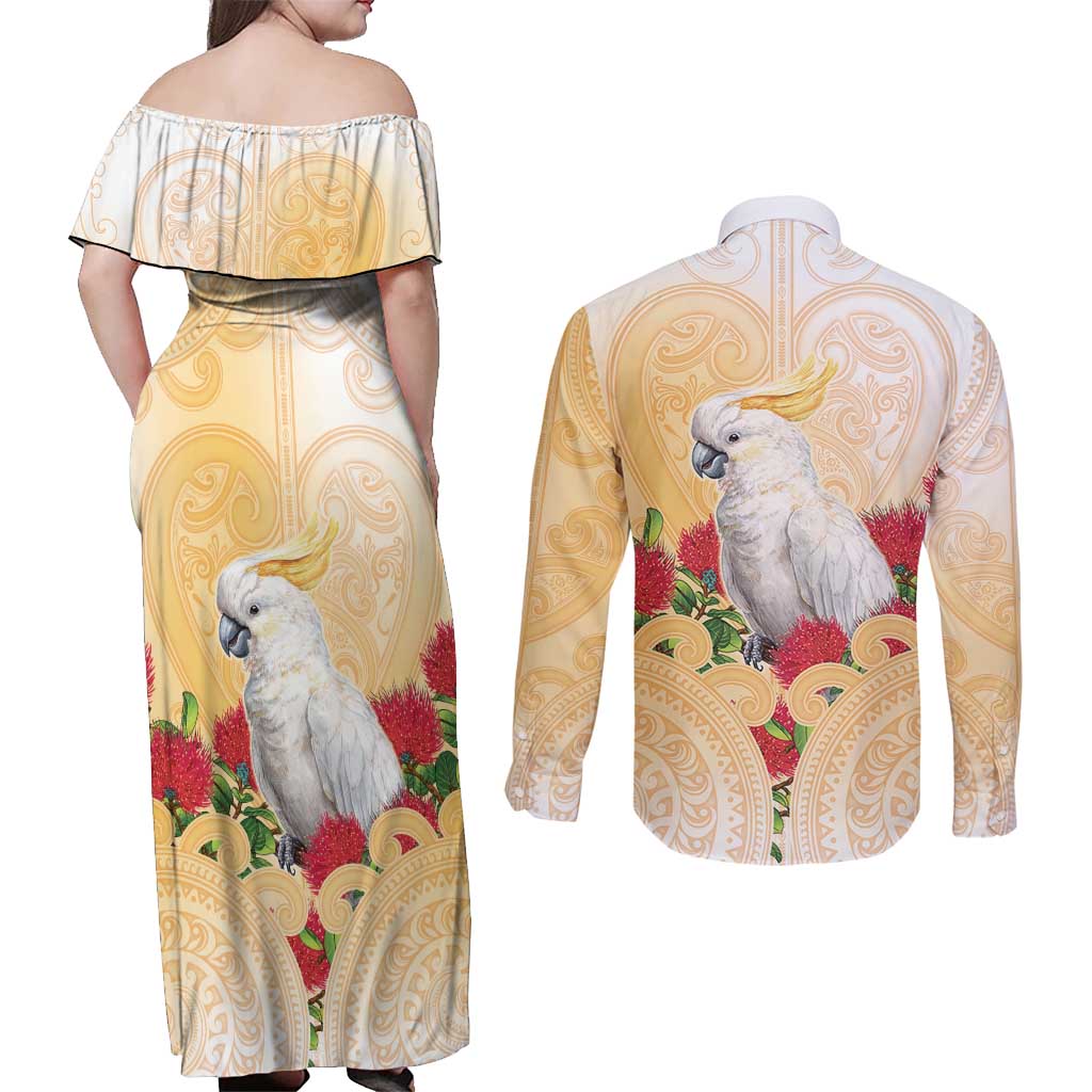 New Zealand Aotearoa Cockatoo Couples Matching Off Shoulder Maxi Dress and Long Sleeve Button Shirt Maori Pattern With Pohutukawa Flowers LT05 - Polynesian Pride