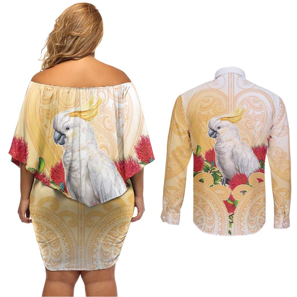 New Zealand Aotearoa Cockatoo Couples Matching Off Shoulder Short Dress and Long Sleeve Button Shirt Maori Pattern With Pohutukawa Flowers LT05 - Polynesian Pride