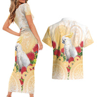 New Zealand Aotearoa Cockatoo Couples Matching Short Sleeve Bodycon Dress and Hawaiian Shirt Maori Pattern With Pohutukawa Flowers LT05 - Polynesian Pride