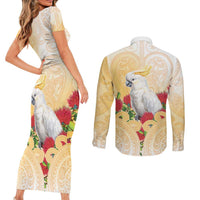 New Zealand Aotearoa Cockatoo Couples Matching Short Sleeve Bodycon Dress and Long Sleeve Button Shirt Maori Pattern With Pohutukawa Flowers LT05 - Polynesian Pride
