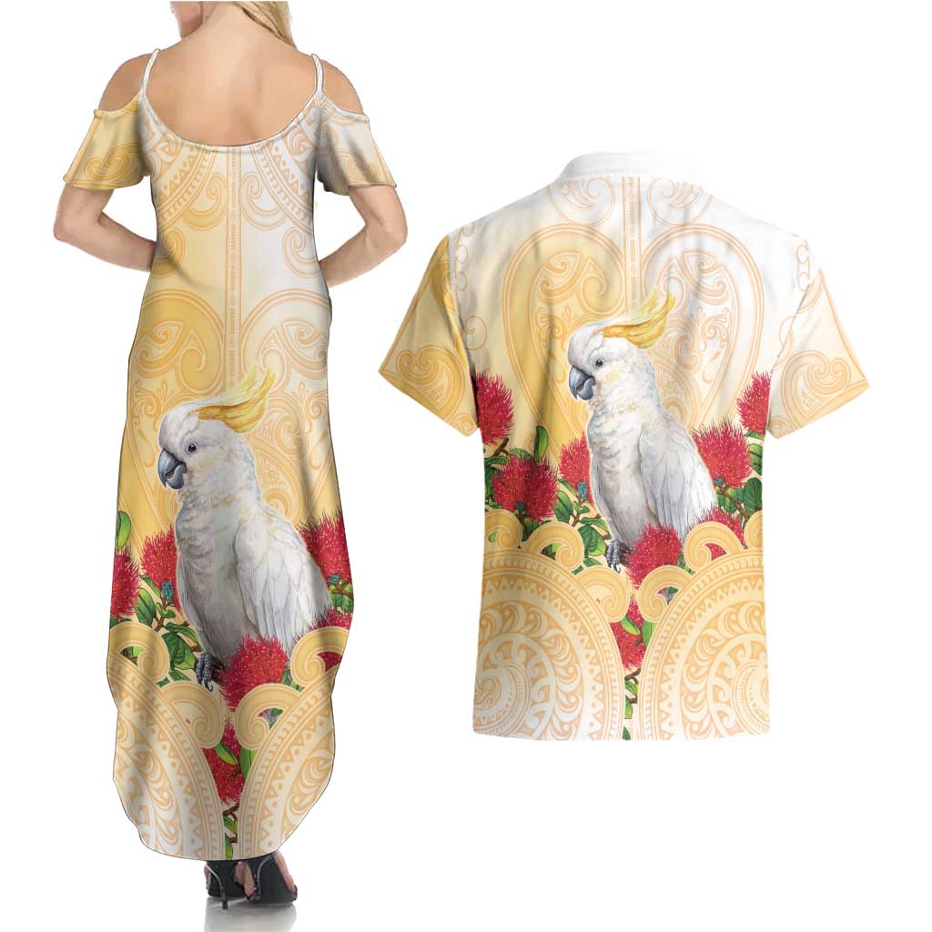 New Zealand Aotearoa Cockatoo Couples Matching Summer Maxi Dress and Hawaiian Shirt Maori Pattern With Pohutukawa Flowers LT05 - Polynesian Pride