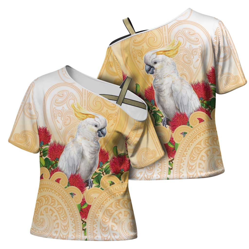 New Zealand Aotearoa Cockatoo Cross Shoulder Shirt Maori Pattern With Pohutukawa Flowers LT05 - Polynesian Pride
