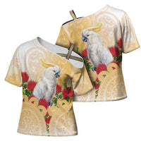 New Zealand Aotearoa Cockatoo Cross Shoulder Shirt Maori Pattern With Pohutukawa Flowers LT05 - Polynesian Pride