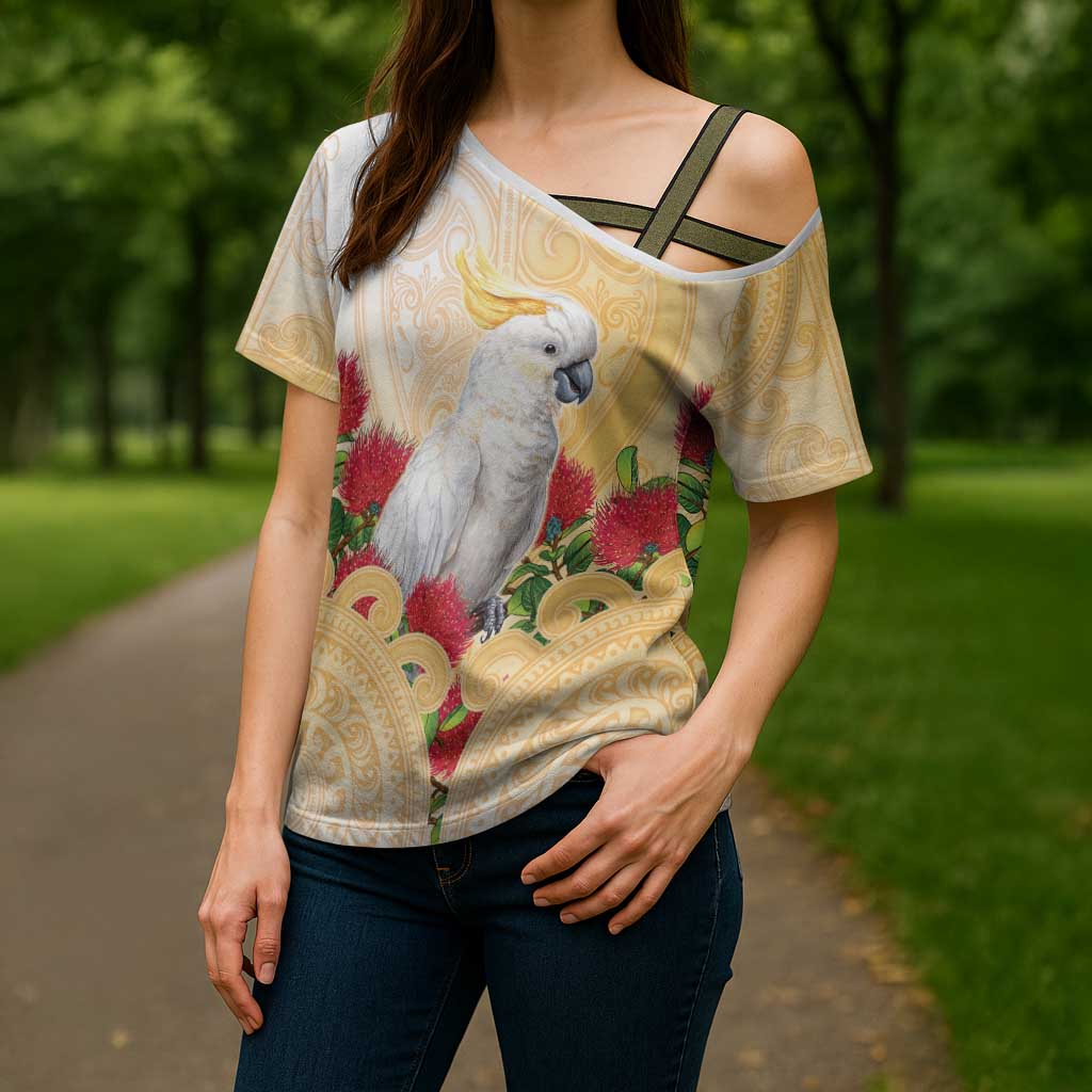 New Zealand Aotearoa Cockatoo Cross Shoulder Shirt Maori Pattern With Pohutukawa Flowers LT05 - Polynesian Pride