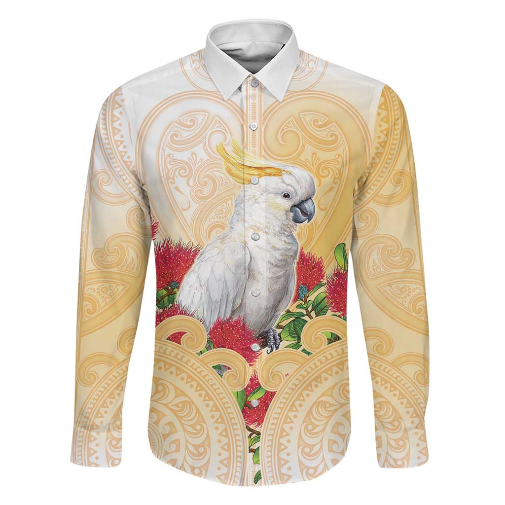 New Zealand Aotearoa Cockatoo Family Matching Mermaid Dress and Hawaiian Shirt Maori Pattern With Pohutukawa Flowers LT05 Dad's Shirt - Long Sleeve Beige - Polynesian Pride