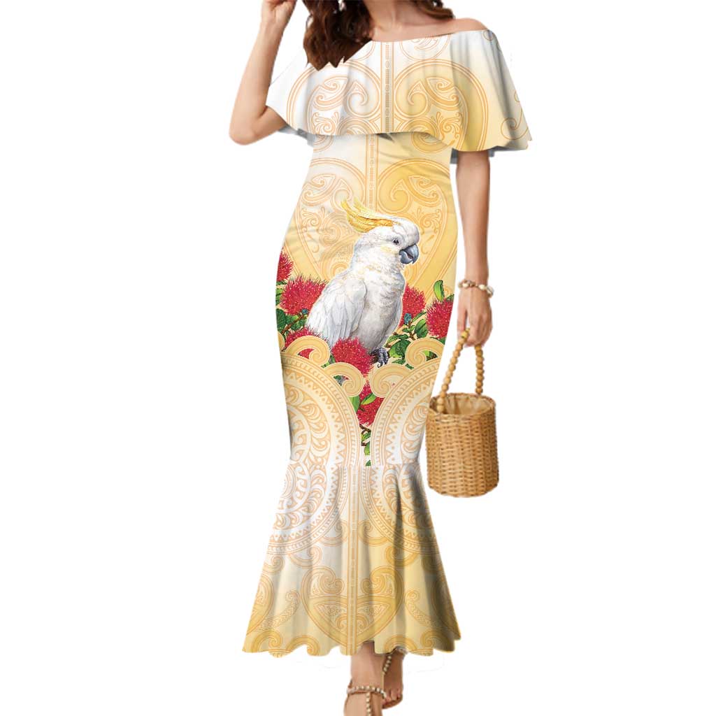 New Zealand Aotearoa Cockatoo Family Matching Mermaid Dress and Hawaiian Shirt Maori Pattern With Pohutukawa Flowers LT05 Mom's Dress Beige - Polynesian Pride