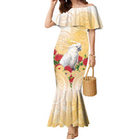 New Zealand Aotearoa Cockatoo Family Matching Mermaid Dress and Hawaiian Shirt Maori Pattern With Pohutukawa Flowers LT05 Mom's Dress Beige - Polynesian Pride