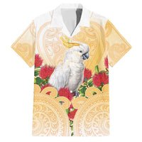 New Zealand Aotearoa Cockatoo Family Matching Off Shoulder Maxi Dress and Hawaiian Shirt Maori Pattern With Pohutukawa Flowers LT05 Dad's Shirt - Short Sleeve Beige - Polynesian Pride