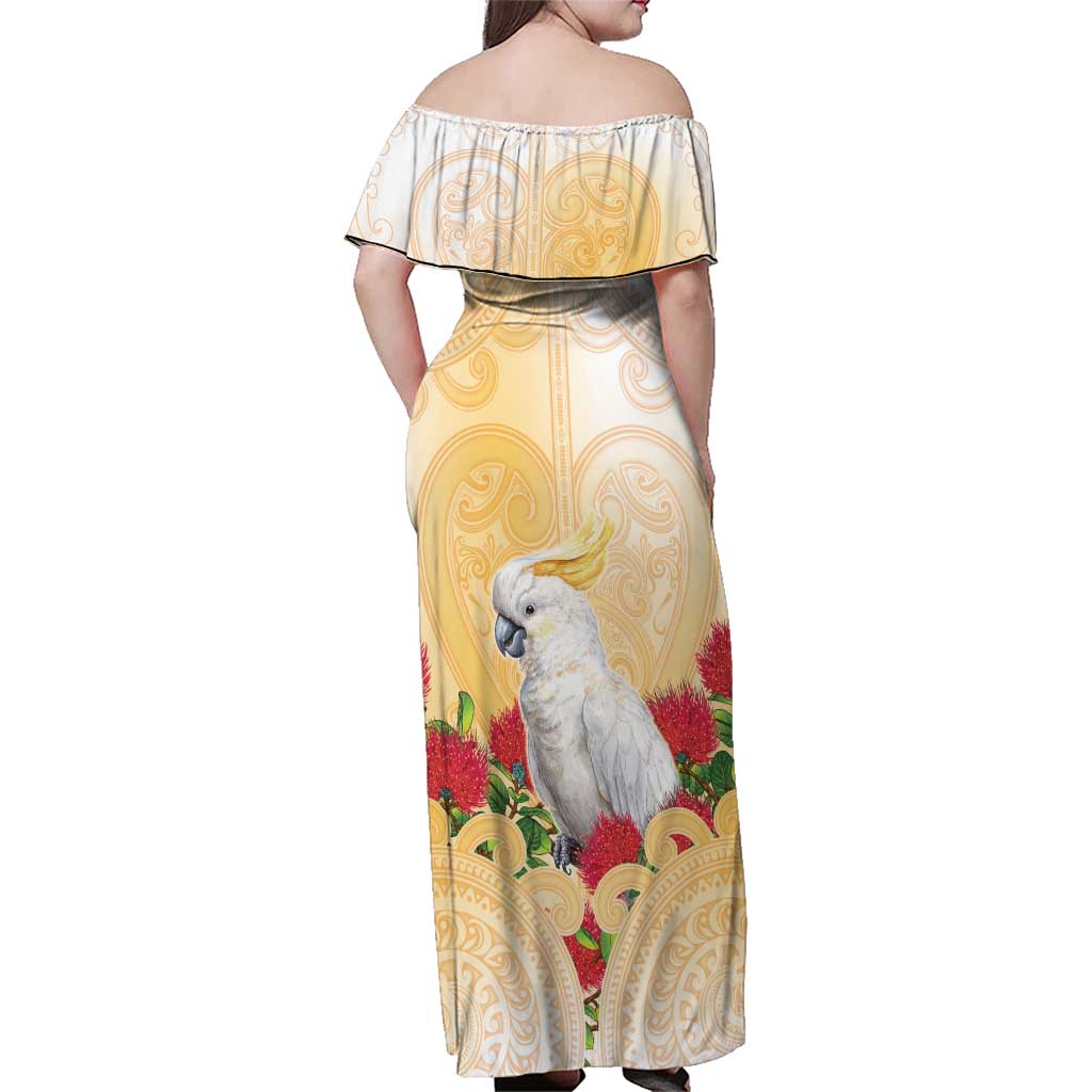 New Zealand Aotearoa Cockatoo Family Matching Off Shoulder Maxi Dress and Hawaiian Shirt Maori Pattern With Pohutukawa Flowers LT05 - Polynesian Pride