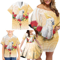 New Zealand Aotearoa Cockatoo Family Matching Off Shoulder Short Dress and Hawaiian Shirt Maori Pattern With Pohutukawa Flowers LT05 - Polynesian Pride