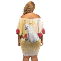 New Zealand Aotearoa Cockatoo Family Matching Off Shoulder Short Dress and Hawaiian Shirt Maori Pattern With Pohutukawa Flowers LT05 - Polynesian Pride
