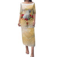 New Zealand Aotearoa Cockatoo Family Matching Puletasi and Hawaiian Shirt Maori Pattern With Pohutukawa Flowers LT05 Mom's Dress Beige - Polynesian Pride