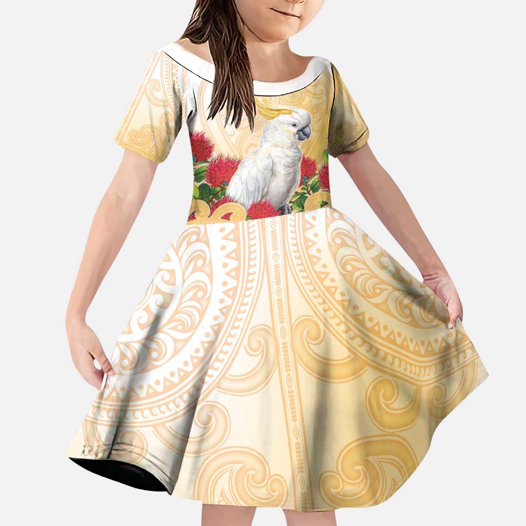 New Zealand Aotearoa Cockatoo Family Matching Summer Maxi Dress and Hawaiian Shirt Maori Pattern With Pohutukawa Flowers LT05 Daughter's Dress Beige - Polynesian Pride
