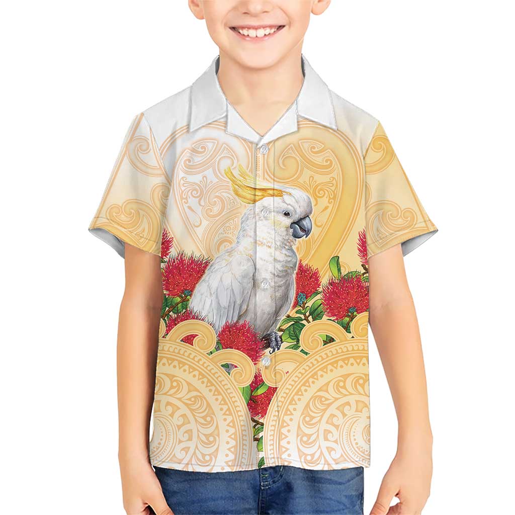 New Zealand Aotearoa Cockatoo Kid Hawaiian Shirt Maori Pattern With Pohutukawa Flowers