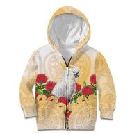 New Zealand Aotearoa Cockatoo Kid Hoodie Maori Pattern With Pohutukawa Flowers LT05 Zip Hoodie Beige - Polynesian Pride