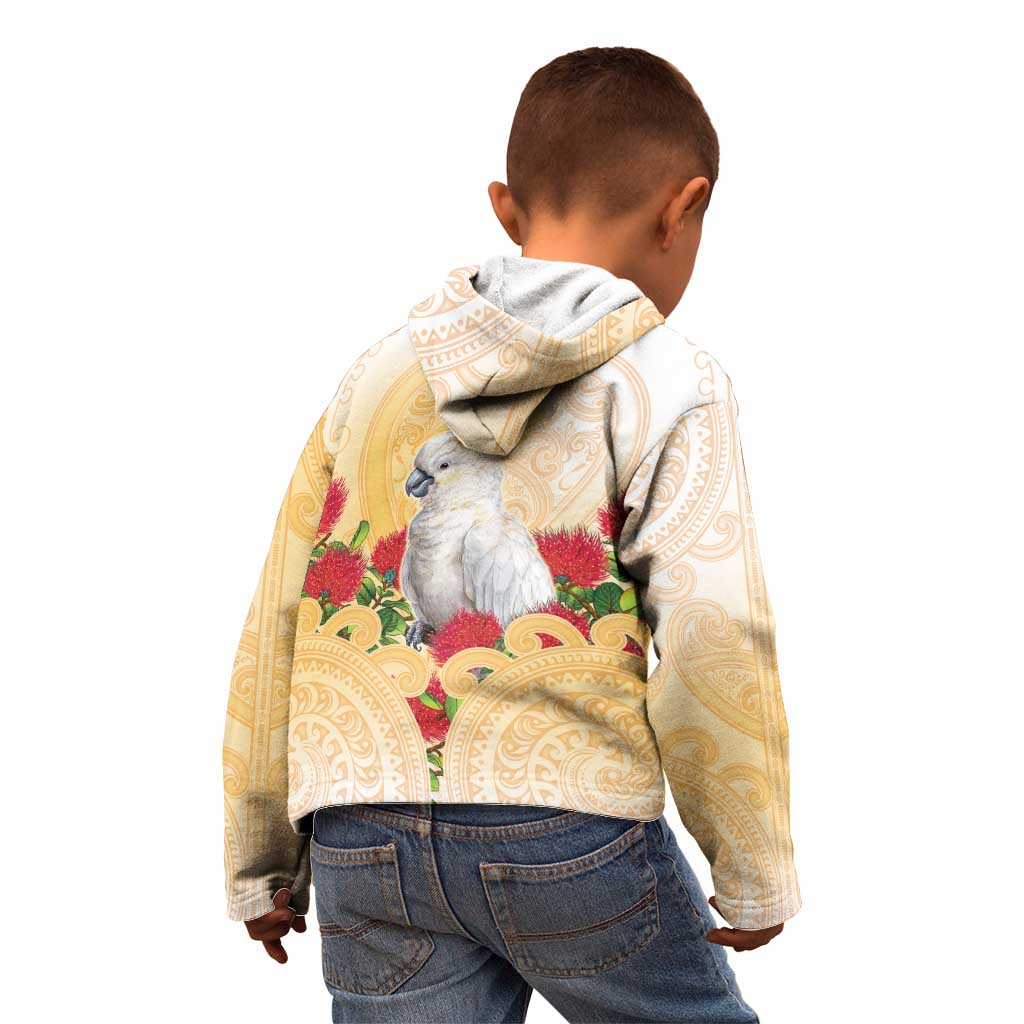 New Zealand Aotearoa Cockatoo Kid Hoodie Maori Pattern With Pohutukawa Flowers LT05 - Polynesian Pride