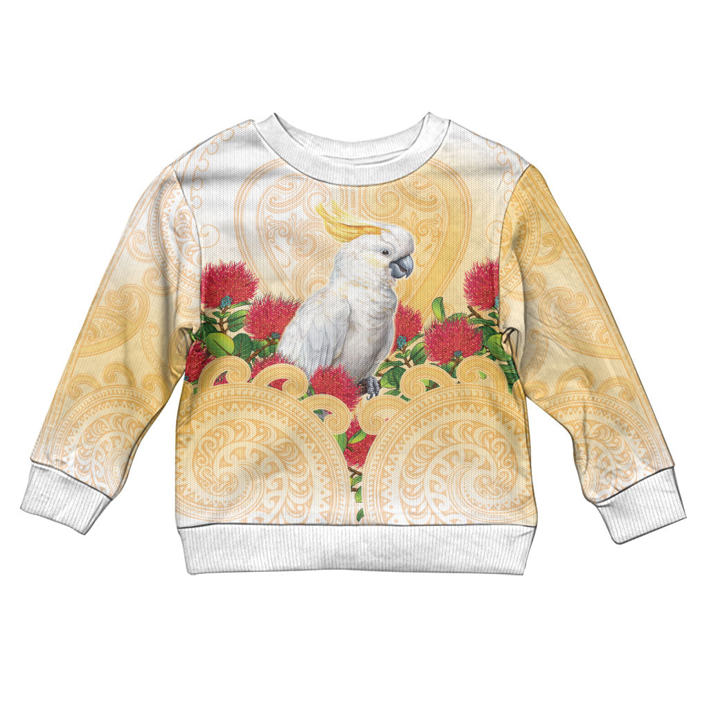New Zealand Aotearoa Cockatoo Kid Ugly Christmas Sweater Maori Pattern With Pohutukawa Flowers LT05 Kid Beige - Polynesian Pride