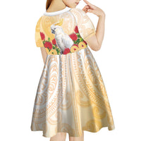 New Zealand Aotearoa Cockatoo Kid Short Sleeve Dress Maori Pattern With Pohutukawa Flowers LT05 - Polynesian Pride