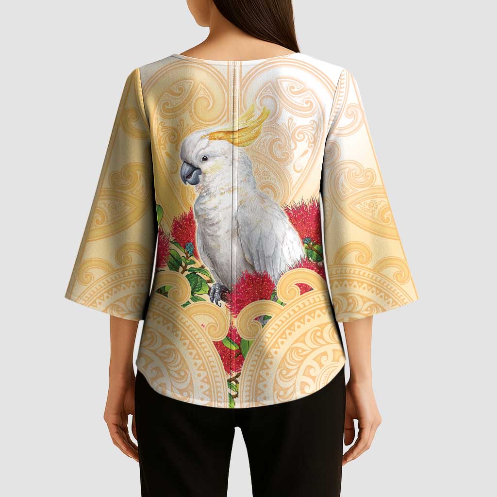 New Zealand Aotearoa Cockatoo Kimono Sleeve Blouse Maori Pattern With Pohutukawa Flowers LT05 - Polynesian Pride