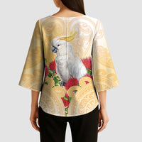 New Zealand Aotearoa Cockatoo Kimono Sleeve Blouse Maori Pattern With Pohutukawa Flowers LT05 - Polynesian Pride