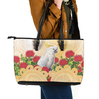 New Zealand Aotearoa Cockatoo Leather Tote Bag Maori Pattern With Pohutukawa Flowers LT05 - Polynesian Pride