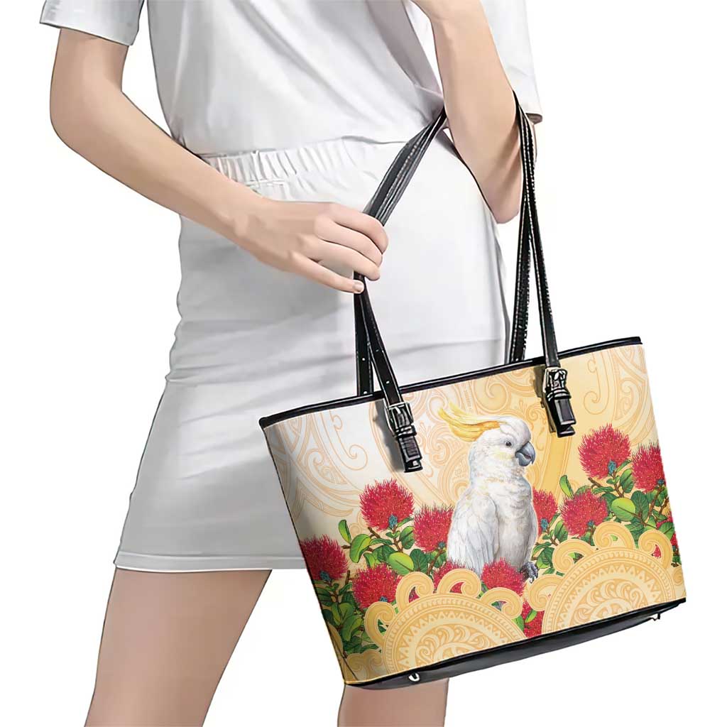 New Zealand Aotearoa Cockatoo Leather Tote Bag Maori Pattern With Pohutukawa Flowers LT05 - Polynesian Pride