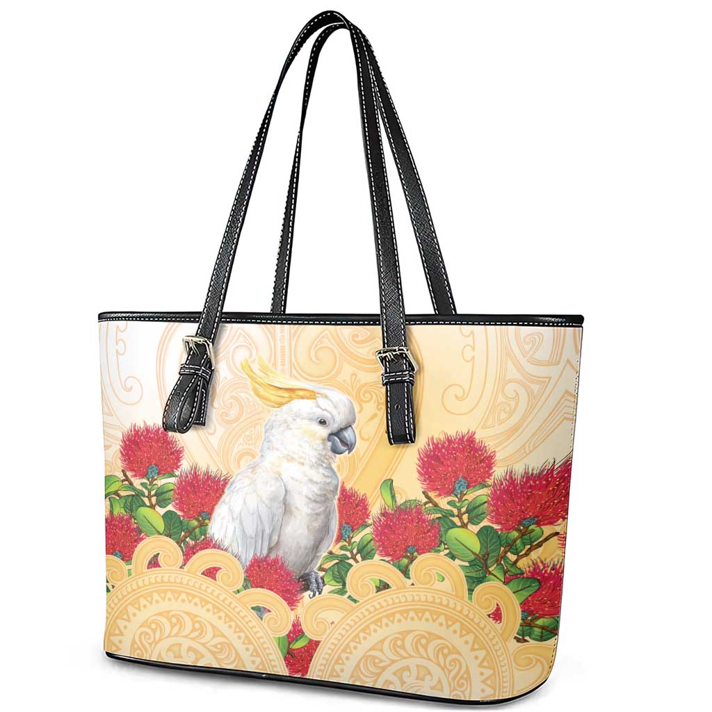 New Zealand Aotearoa Cockatoo Leather Tote Bag Maori Pattern With Pohutukawa Flowers LT05 - Polynesian Pride