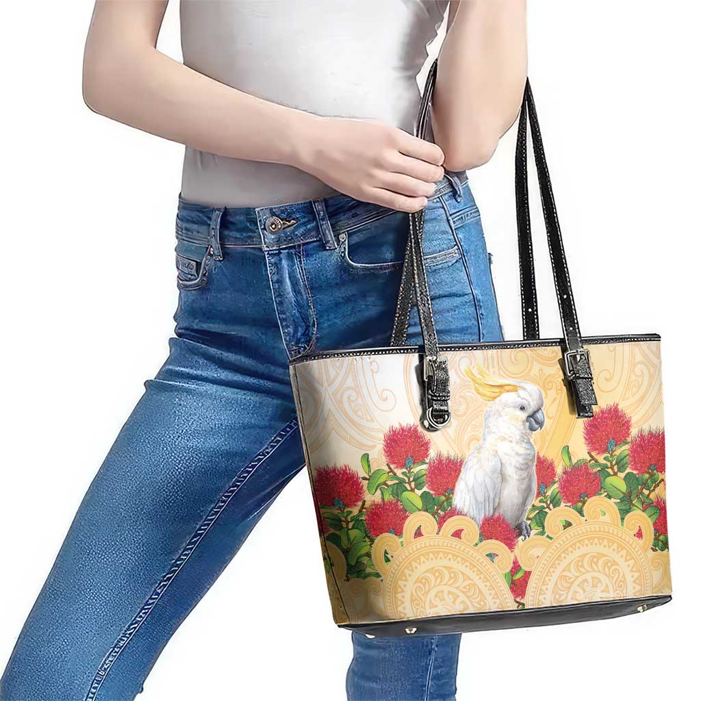 New Zealand Aotearoa Cockatoo Leather Tote Bag Maori Pattern With Pohutukawa Flowers LT05 - Polynesian Pride