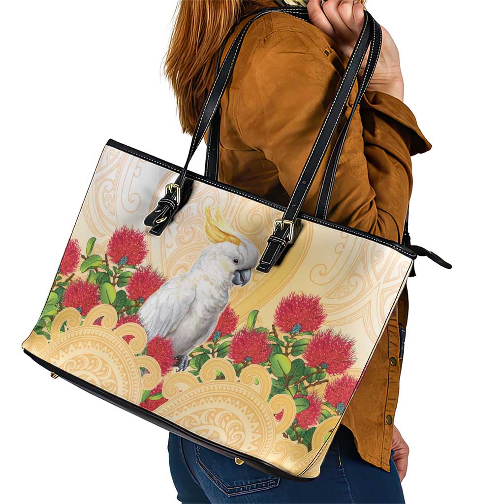New Zealand Aotearoa Cockatoo Leather Tote Bag Maori Pattern With Pohutukawa Flowers LT05 - Polynesian Pride