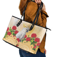 New Zealand Aotearoa Cockatoo Leather Tote Bag Maori Pattern With Pohutukawa Flowers LT05 - Polynesian Pride
