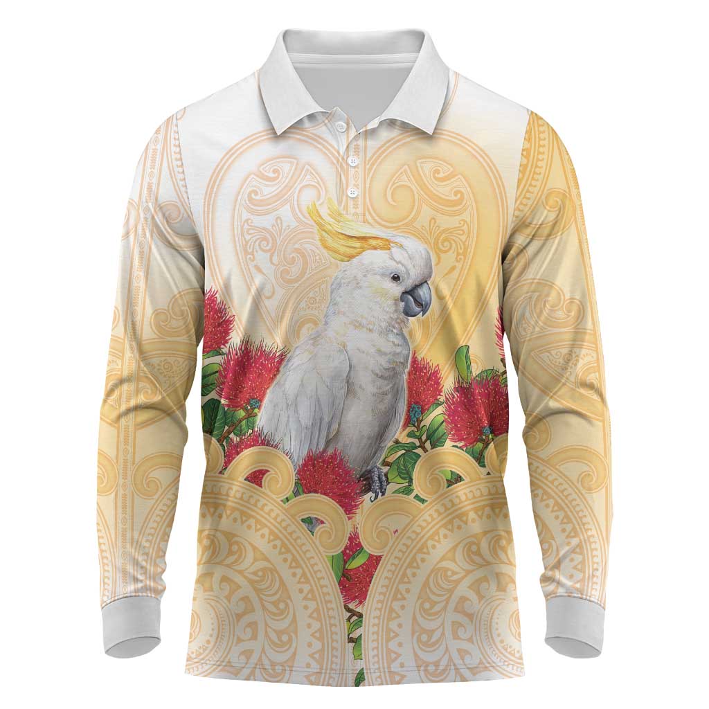New Zealand Aotearoa Cockatoo Long Sleeve Polo Shirt Maori Pattern With Pohutukawa Flowers LT05 Beige - Polynesian Pride