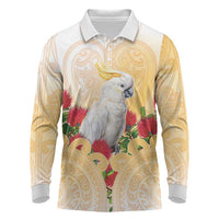New Zealand Aotearoa Cockatoo Long Sleeve Polo Shirt Maori Pattern With Pohutukawa Flowers LT05 Beige - Polynesian Pride