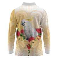 New Zealand Aotearoa Cockatoo Long Sleeve Polo Shirt Maori Pattern With Pohutukawa Flowers LT05 - Polynesian Pride
